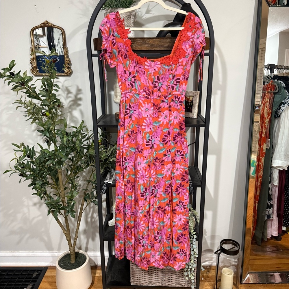 Free People Floral Midi Dress Pink Orange Lace Trim Small - Picture 2 of 13